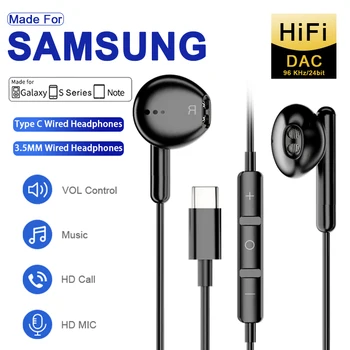 Cuffie cablate tipo C per Samsung Galaxy S24 S23 S22 Cuffie in-ear da 3,5 mm A53 A52 Nota 20 USB-C Auricolare HiFi Bass Stereo 1