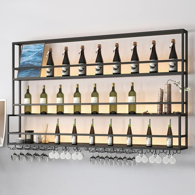 Luxury Wall-mounted Wine Rack for Kitchen Three-layer Iron Solid Showcase with Lights Modern Creative Household Shelf for Hotel