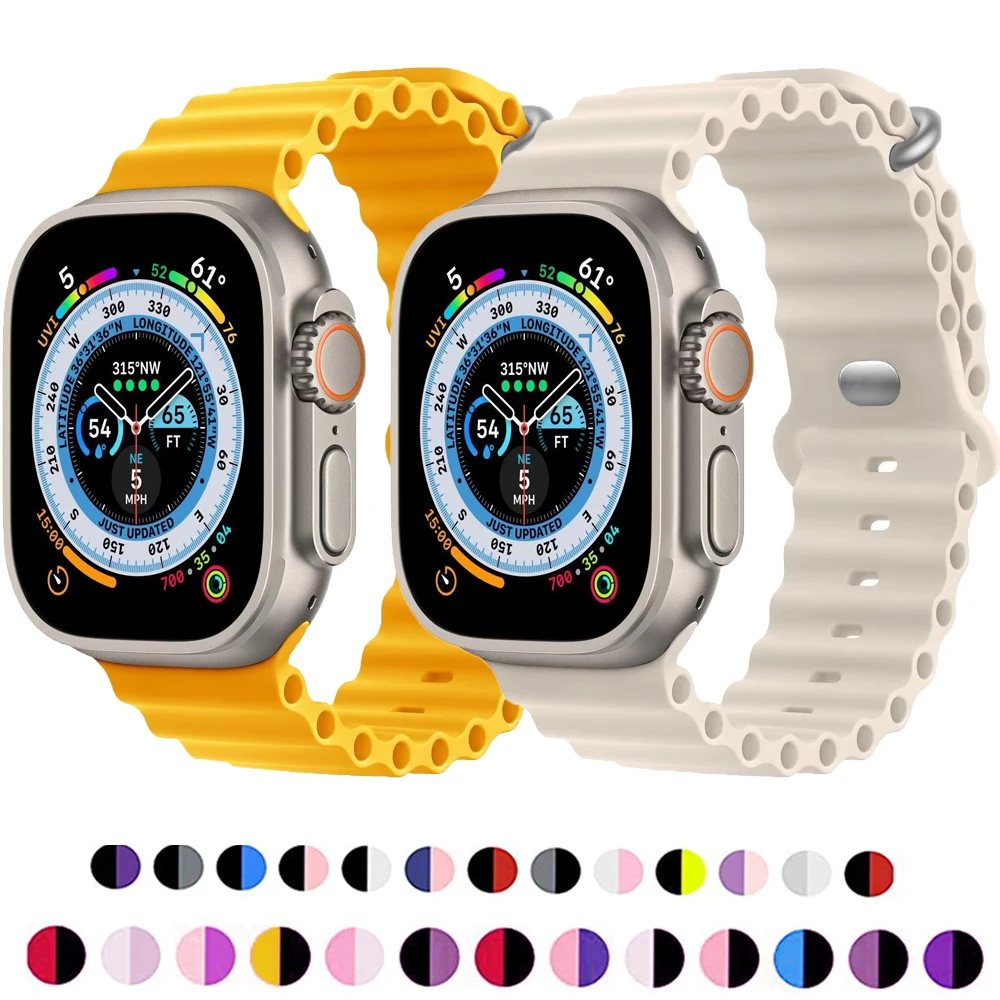 

Силиконовый ремешок Ocean Band для Apple Watch Ultra 2, силиконовый браслет для часов correa iwatch series 9 8 7 se 6 5 4 3, 49 мм 44 мм 45 мм 42 мм 38/40/41 мм