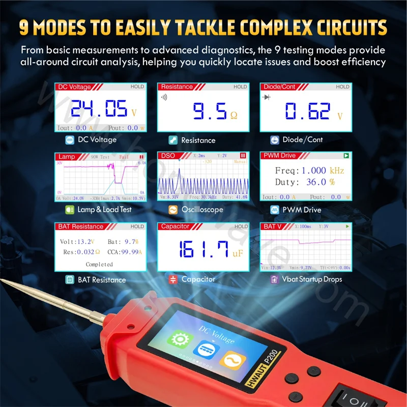 P100 P200 Automotive Circuit Tester 12V/24V Power Probe Diagnostic Tool TFT Screen Oscilloscope & PWM Output Overload Protection