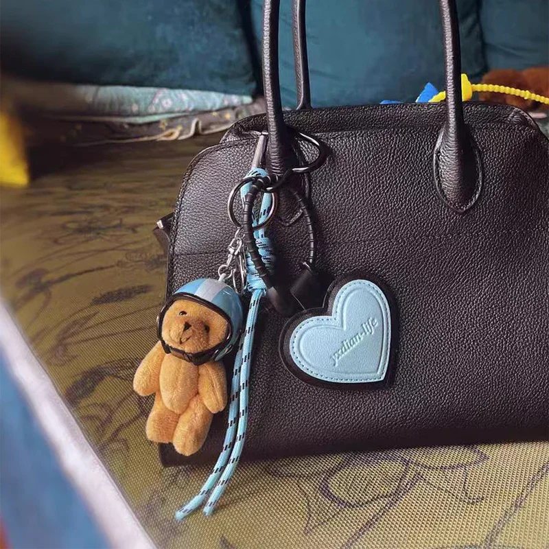 Cute Helmet Bear Pendant DIY Personality Car Key Chain Decoration Charm Woven Rope Hanging Mobile Phone Key Ring Bag Accessories