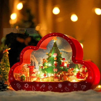 DIY Lights Mirror Face Box Christmas Elk Deer Santa Claus Architecture Xmas Tree Snow House Building Blocks Kit Toy