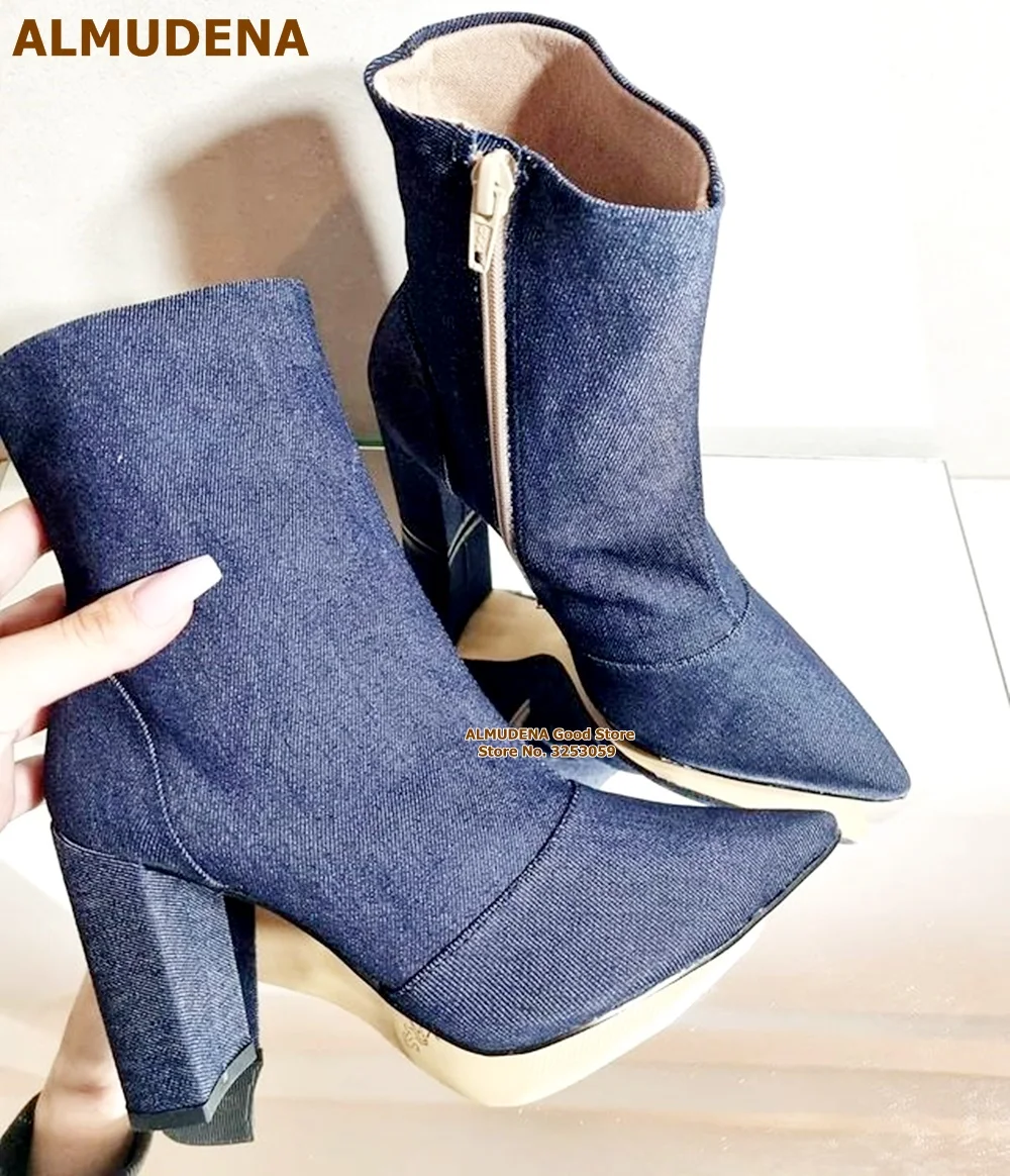 

ALMUDENA Chunky Heel Blue Denim Ankle Boots Women Pointed Toe Zipped Jeans Short Booties Thick Heel Gladiator Dress Shoes Size46