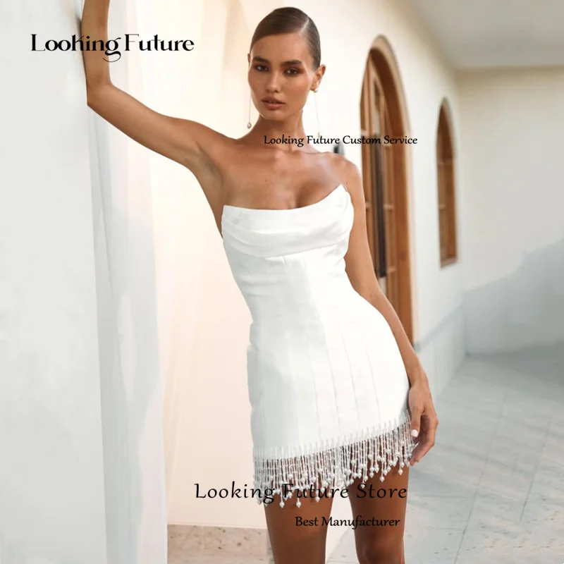 Elegant White Satin Short Wedding Dress Pleat Pearls Tassel Mini Bride Dress Sexy Backless Strapless Sleeveless Gown Customized 14 S7463c8cab5e74c069b8830928f0c4a864