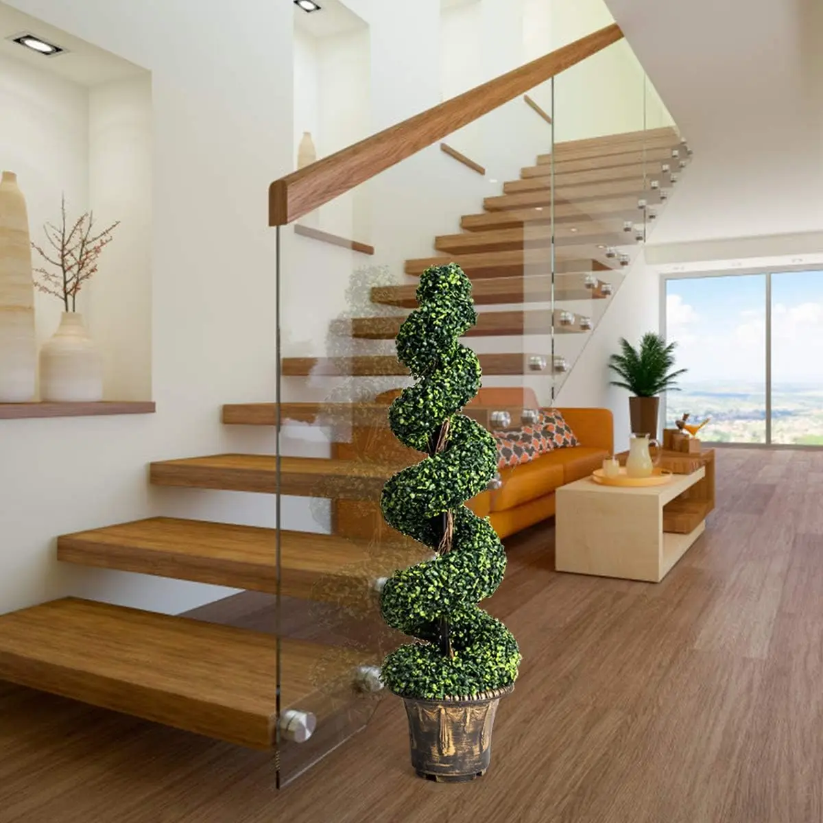4 Ft Artificial Boxwood Spiral Topiary Tree, Fake Greenery Plants, Leaves & Cement-Filled Plastic Flower Pot Decorative Trees