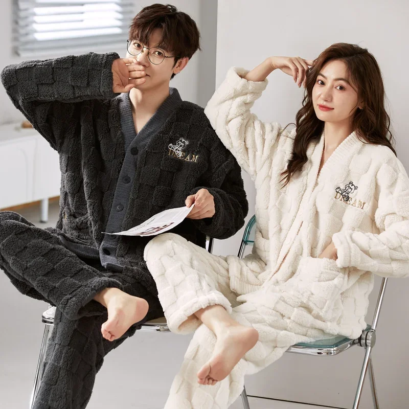 

Flannel Kimono Couples Homewear Women and Men Matching Coral Fleece Warm Pajama Set Winter Loungewear pijamas para parejas