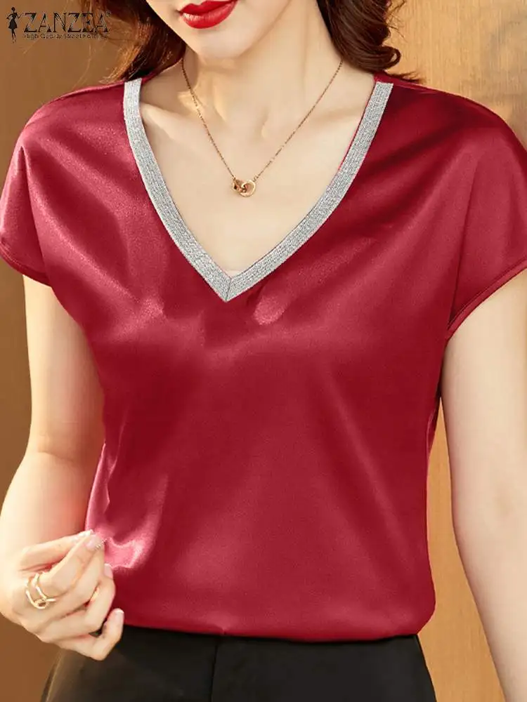 

ZANZEA Elegant Women Satin Blouse Summer Patchwork Tops Fashion Casual V Neck Short Sleeve OL Work Slik Shirt Femininas Blusas