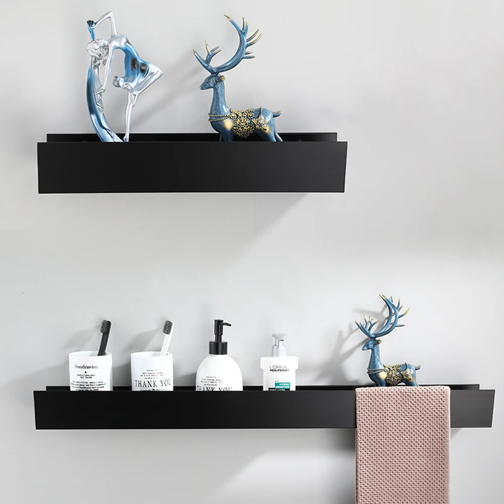 Modern Minimalist Aluminum Alloy Black Spray Paint Bathroom Accessories Single Layer Bathroom Shelves Perforated Installation