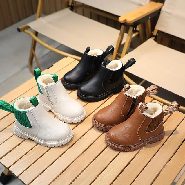 

Classic Chelsea PU Leather Short Snow Boots Kids Boy Casual All-match Autumn Plush Sport Shoes Girls School Children Footwear