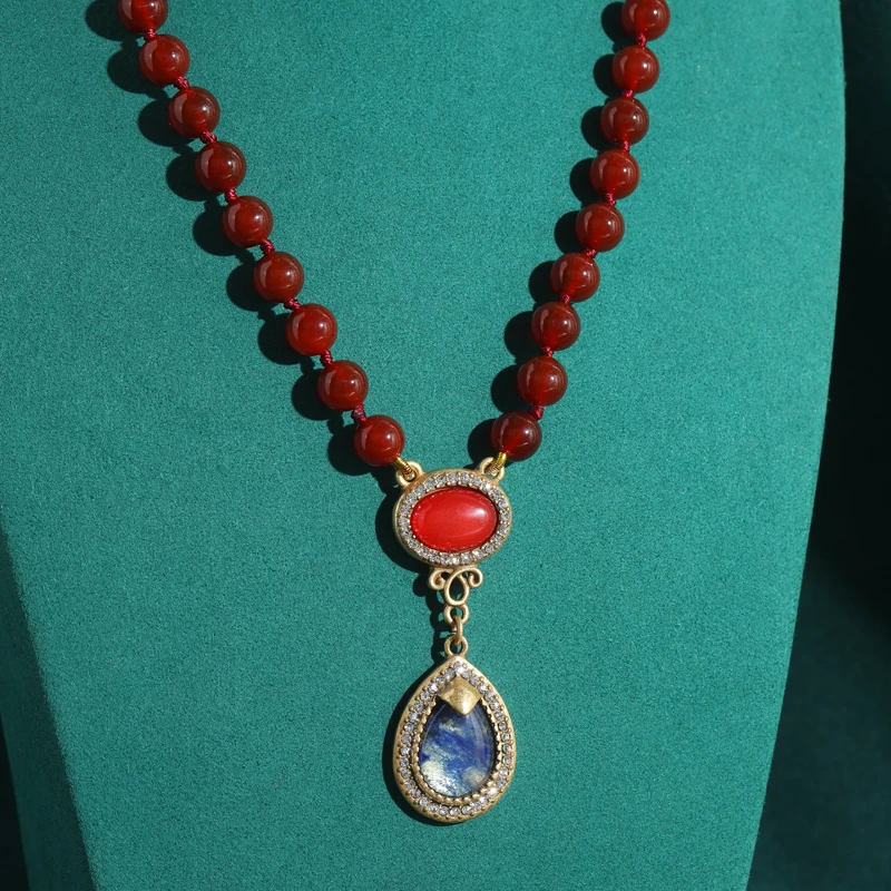 خمر العقيق الأحمر الخرز قلادة الحجر الطبيعي الأوبا...