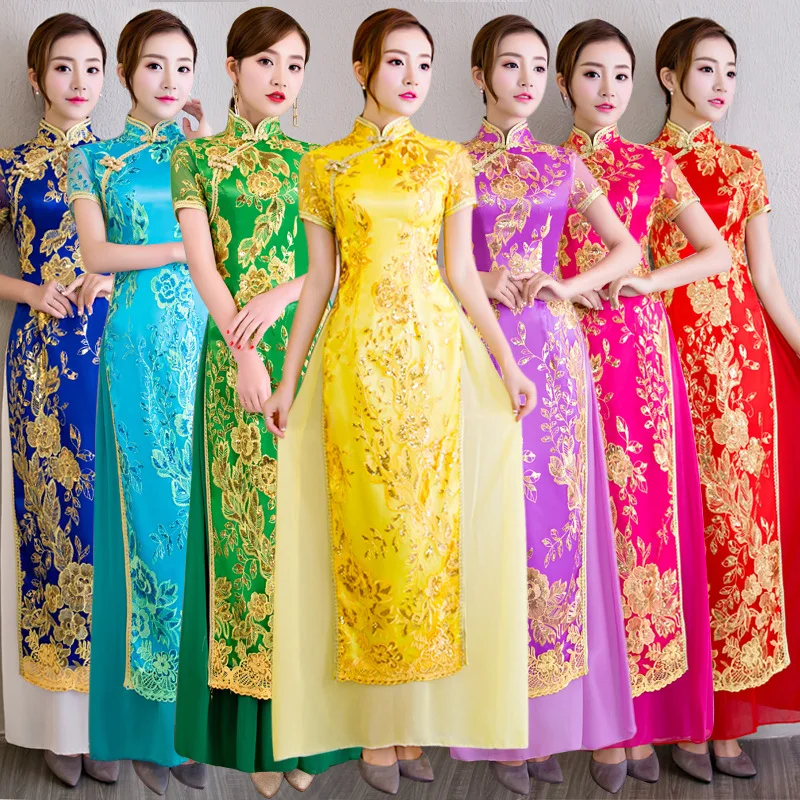 

Long Cheongsam Oriental Evening Dress Chinese Traditional Women Elegant Qipao Sequin Robe Retro Vestido for Wedding Party Dress