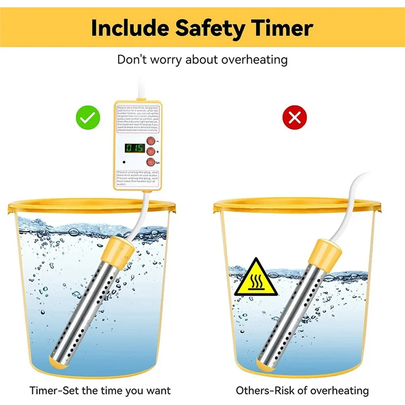 A78E-Immersion Water Heater, 1500W Electric Submersible Water Heater with Timer, Stainless Steel Guard Cover EU Plug 2