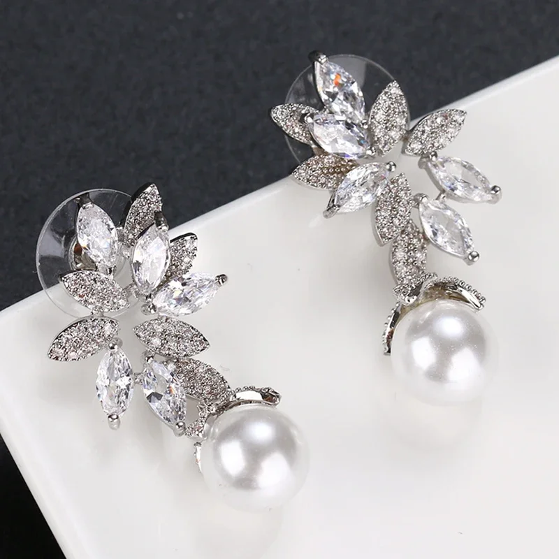 Sterling Pearl Cubic Zirconia CZ Drop Earrings for Women Anniversary Birthday Gift dangle earrings pearl earrings drop earrings