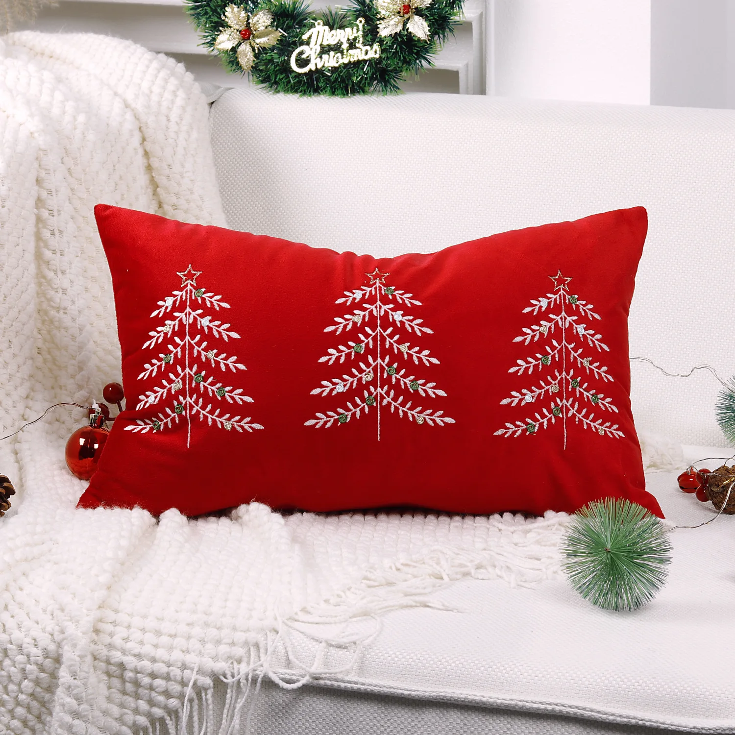 Fodera per cuscino natalizio con albero di pino Cuscini ricamati bianchi rossi verdi per la decorazione domestica 30x50 cm Decorazione morbida per la casa  15