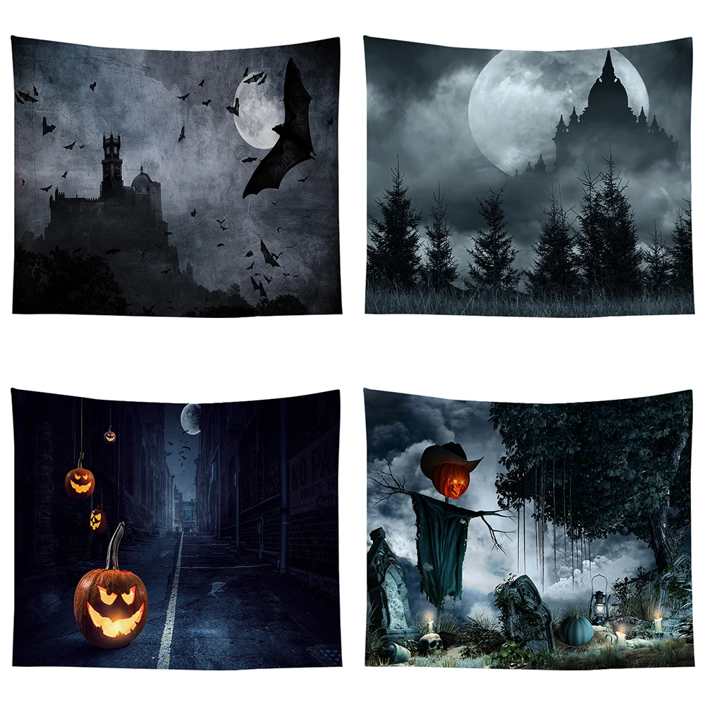 

Halloween horror pumpkin bat castle printed tapestry home living room bed wall decoration background cloth