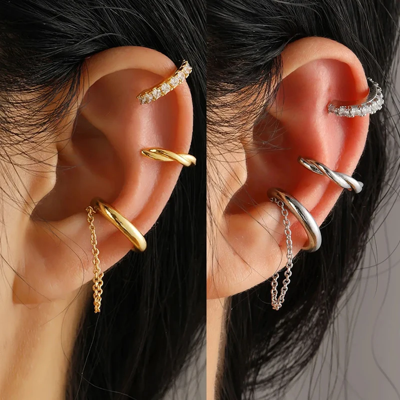 C Shape Rhinestone Zircon Ear Clip Earring 3Pcs/set for Women Simple Tassel Geometry No Piercing Ear Cuff Party Jewelry Gift ear clip earrings clip earrings ear clip ear accessories