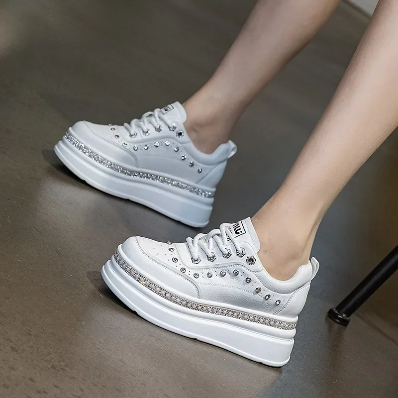 7cm Genuine Leather Women Fashion Casual Bling Chunky Sneakers Platform Wedge Vulcanized Autumn Spring Hidden Heels Ladies Shoes 4
