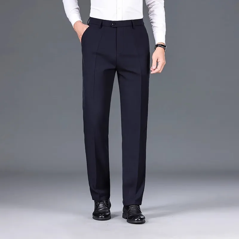 Men Business Casual Suit Pants Solid High Waist Straight Office Formal Trousers Classic Style Long Pants