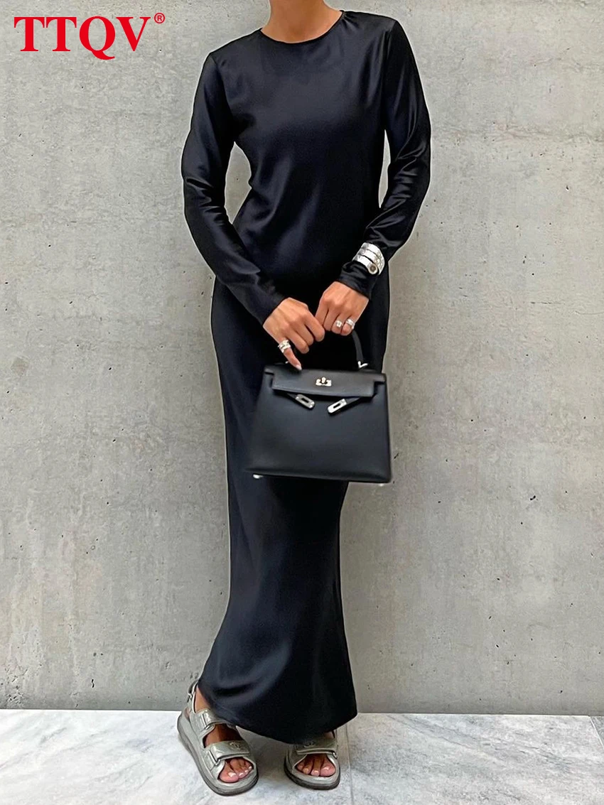 

TTQV Elegant Slim Black Women's Dresses 2023 Fashion O-neck Long Sleeve Solid Dress Casual Simple Ankle-length Evening Dresses