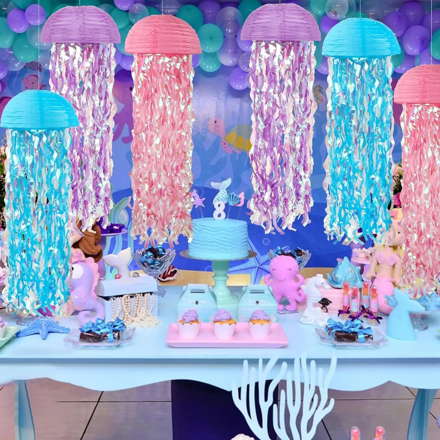 Quallen-Papierlaternen, Meerjungfrau, Geburtstagsparty-Dekorationen, bunte Quallen-Hängelaternen, Happy Ocean Theme, Geburtstagsdekoration – Detail 1