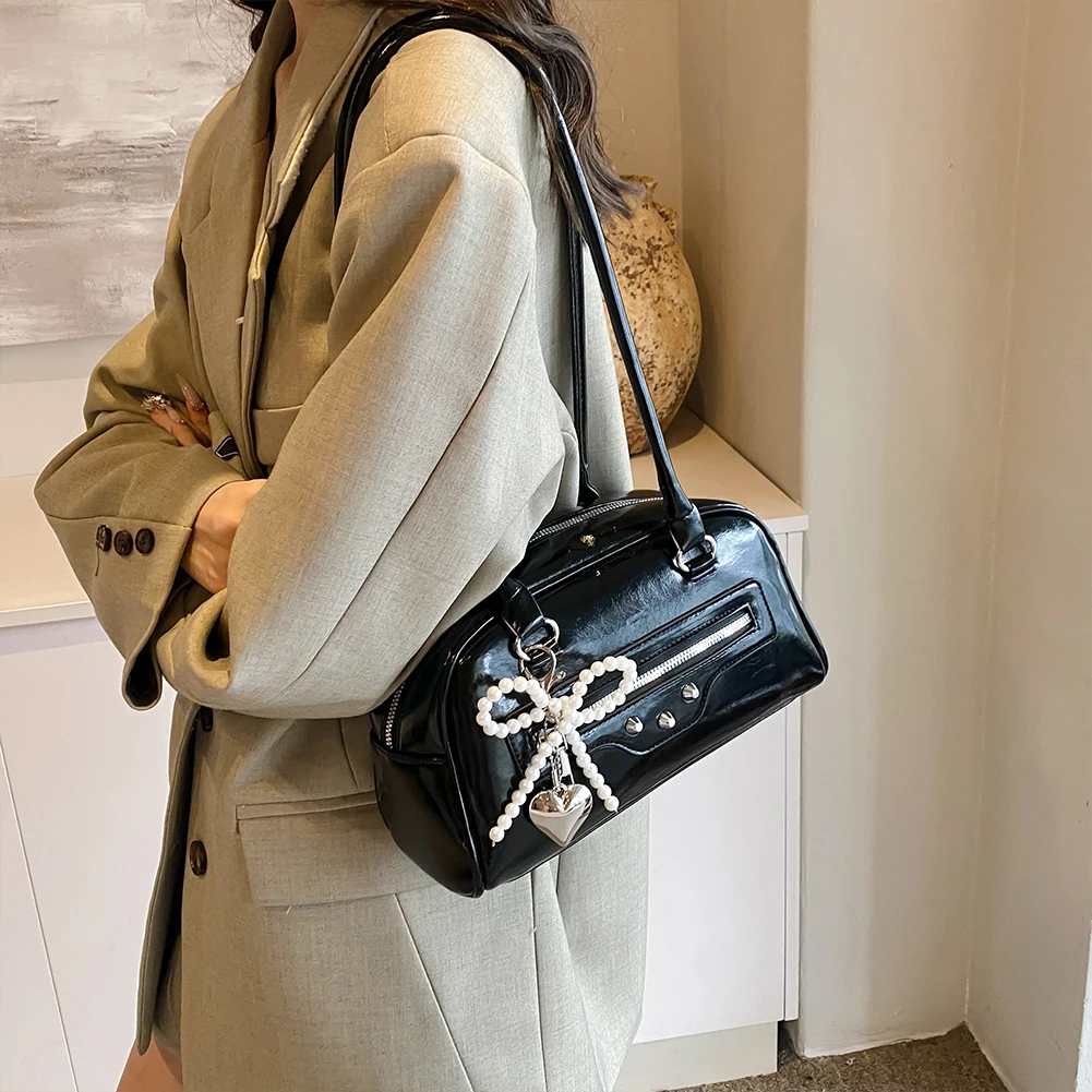 Elegant PU Leather Underarm Bags For Women 2024 Fashion Retro y2k Bow Pearl Shoulder Bag Clutch Purse Lady Handbags And Purses