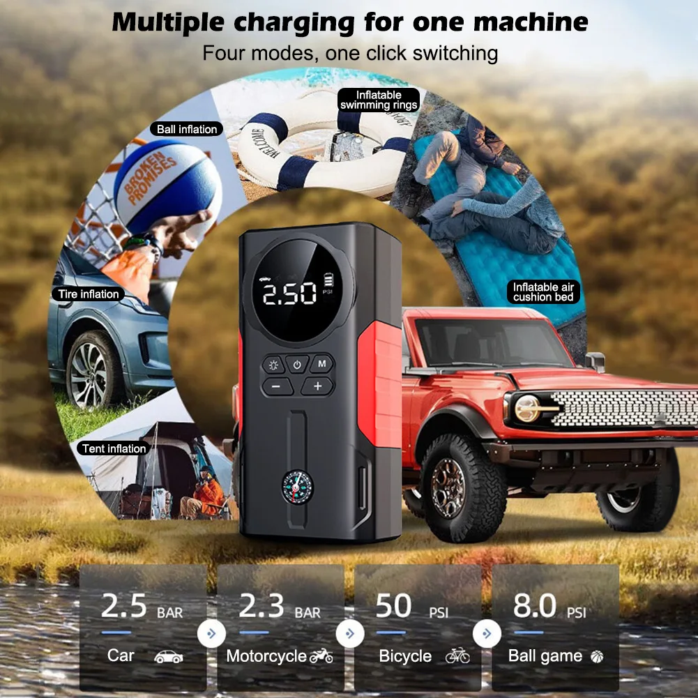 120W 1000A Car Jump Starter Power Bank 4 In 1 Air Compressor Tire Inflator 20000mAh Portable Battery Booster with LED Flashlight