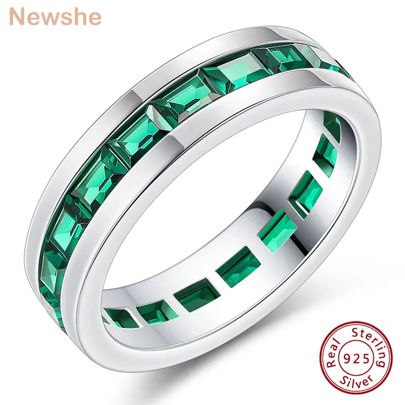 

Newshe 925 Sterling Silver Eternity Wedding Band 19pcs Lab Created Emerald Green Gemstone Rings for Men Promise Ring