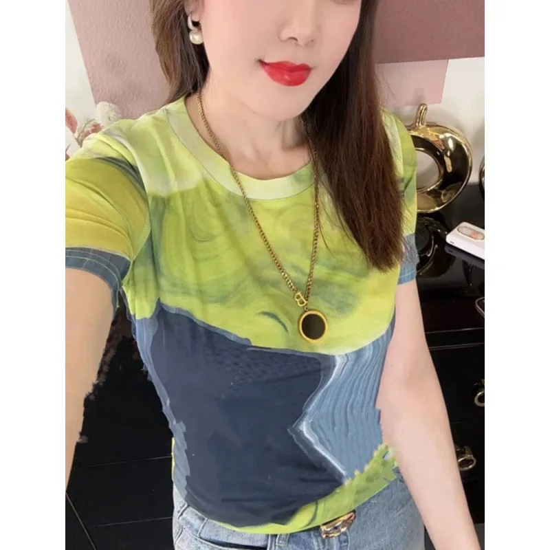 

Chinese Style 2024 Summer New Women's Crew Neck Printed Tie Dye All-match Slim Classic Ice Silk Fabric Short Sleeve T-shirt Tops