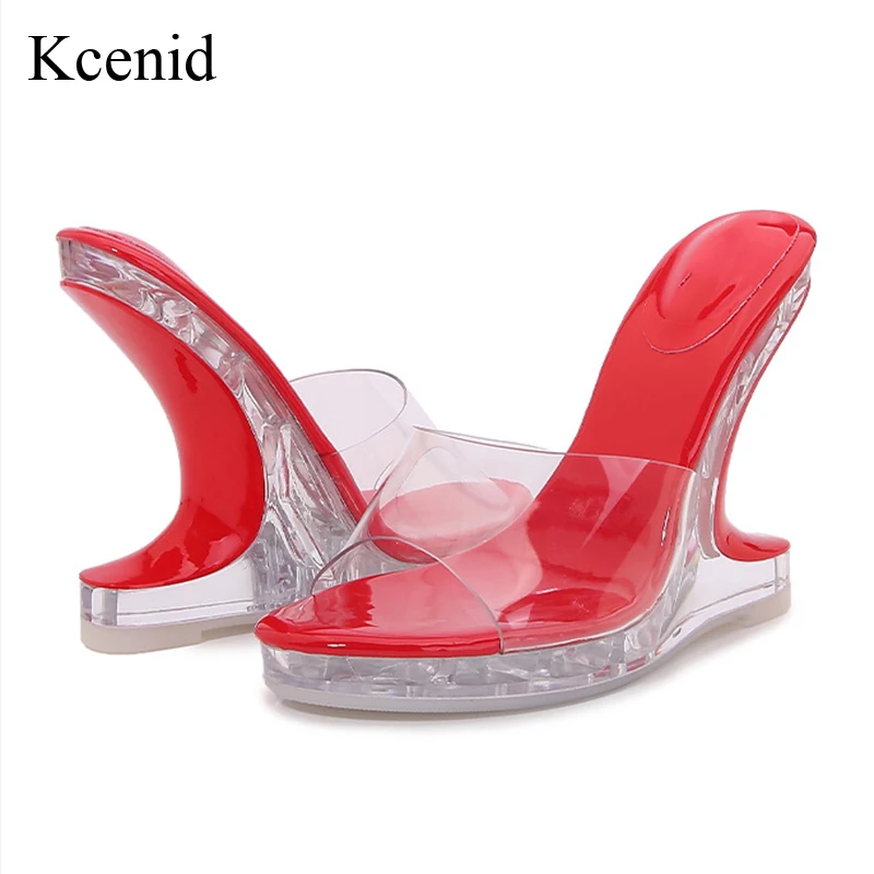 Kcenid 2024 New Chic Strange Wedges Slippers For Women Clear High Heels Summer Open Toe PVC Transparent Shoes Platform Sandals