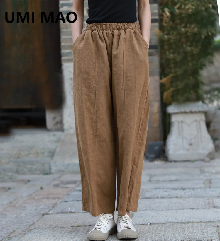 

UMI MAO Cotton Hemp Pants Women's Sandwashed Ramie Loose Front Panel 9-inch Pants Spring Summer Thin Size Large Women's Trousers