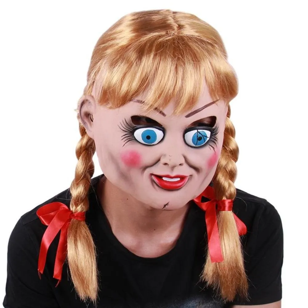 Annabelle Doll Mask Cosplay Horror Movie The Conjuring Full Face Latex Helmet Scary Headwear Halloween Masquerade Party Costume