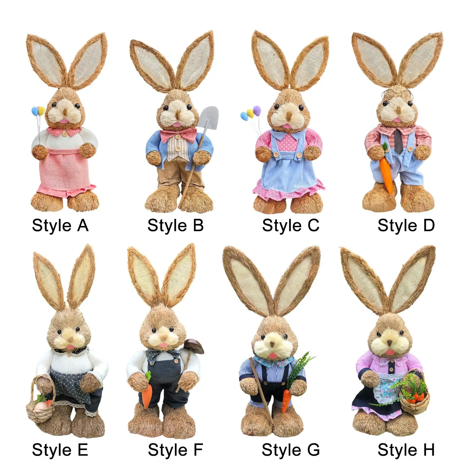 Straw Easter Bunny Figurine Decorative Standing Statue Animal Sculpture