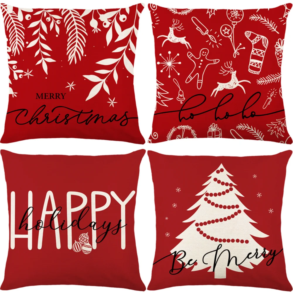 

Christmas Red Throw Pillow Case Christmas Home Decoration Cushion Cover Plant Leaves Printed Pillow Cover Striped Pillowslips