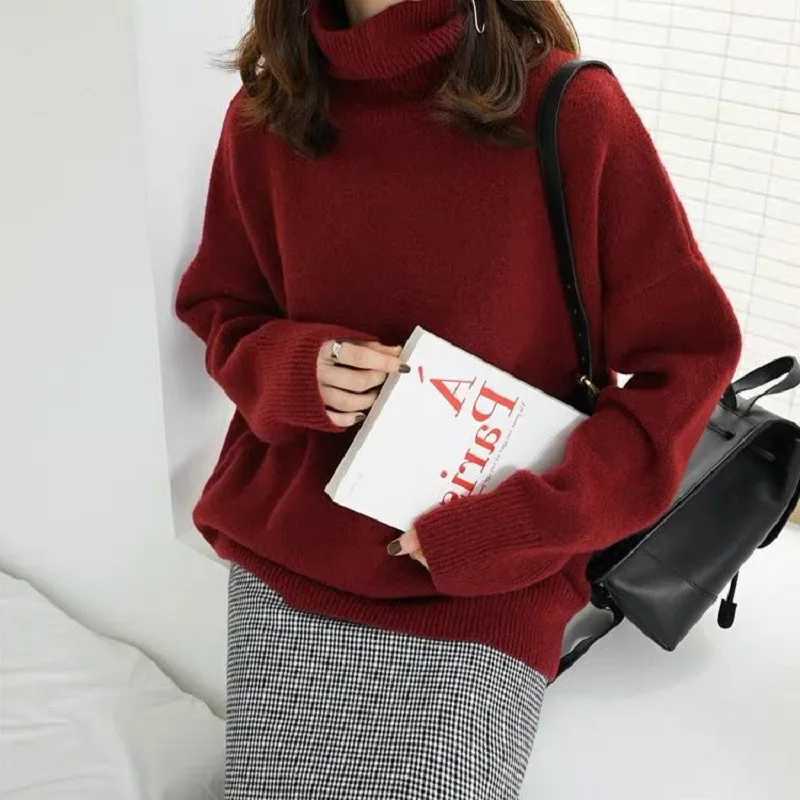 

2021 New Fashion Chic Base Warmth Tops Fall Winter Women High Neck Loose Wool Sweater Thick Pullover Knitted Cashmere Sweaters