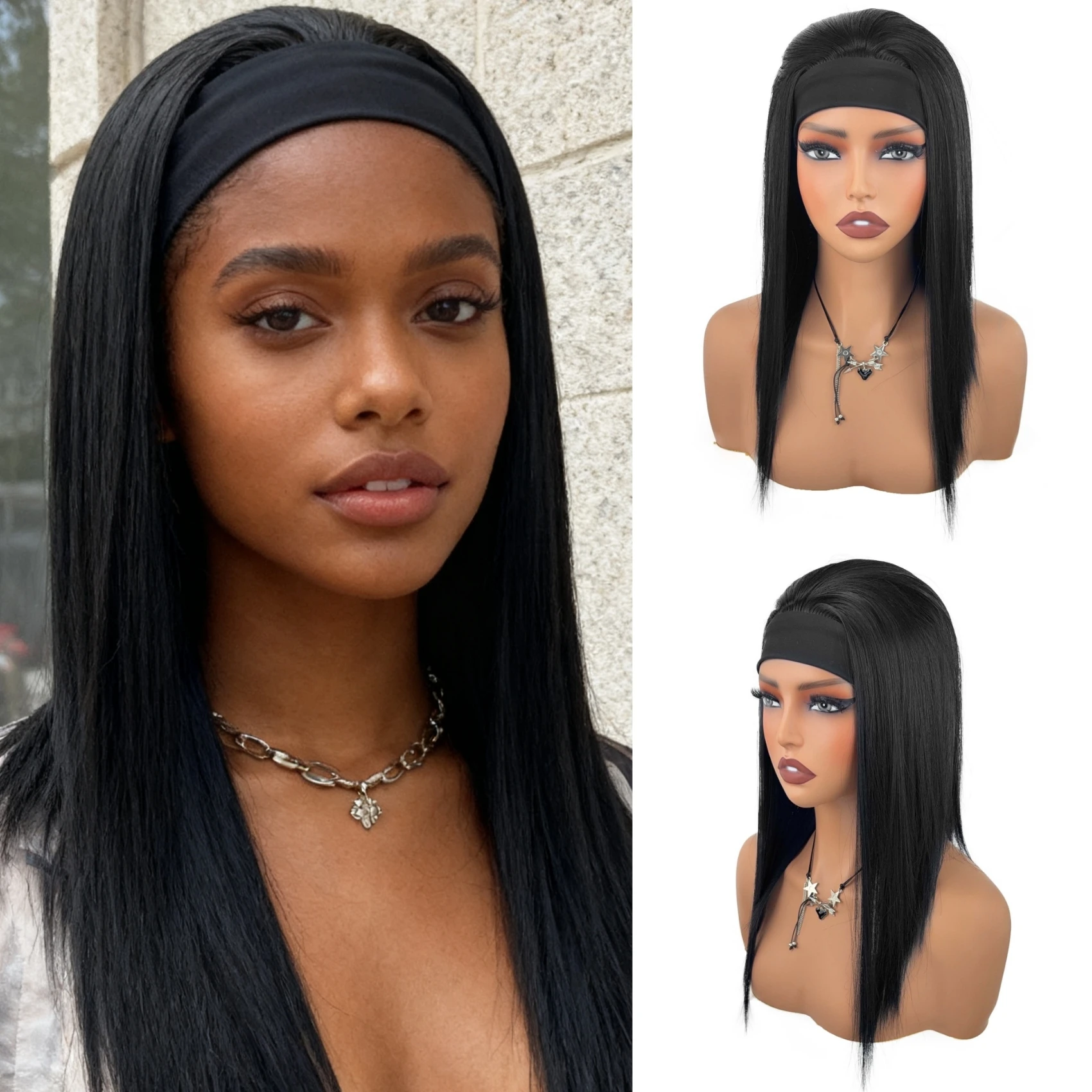 Women's Headband Wig, Black Straight Synthetic Hair, No-Glue Headband Wig, Suitable for Black Women 1