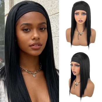 Women's Headband Wig, Black Straight Synthetic Hair, No-Glue Headband Wig, Suitable for Black Women 1