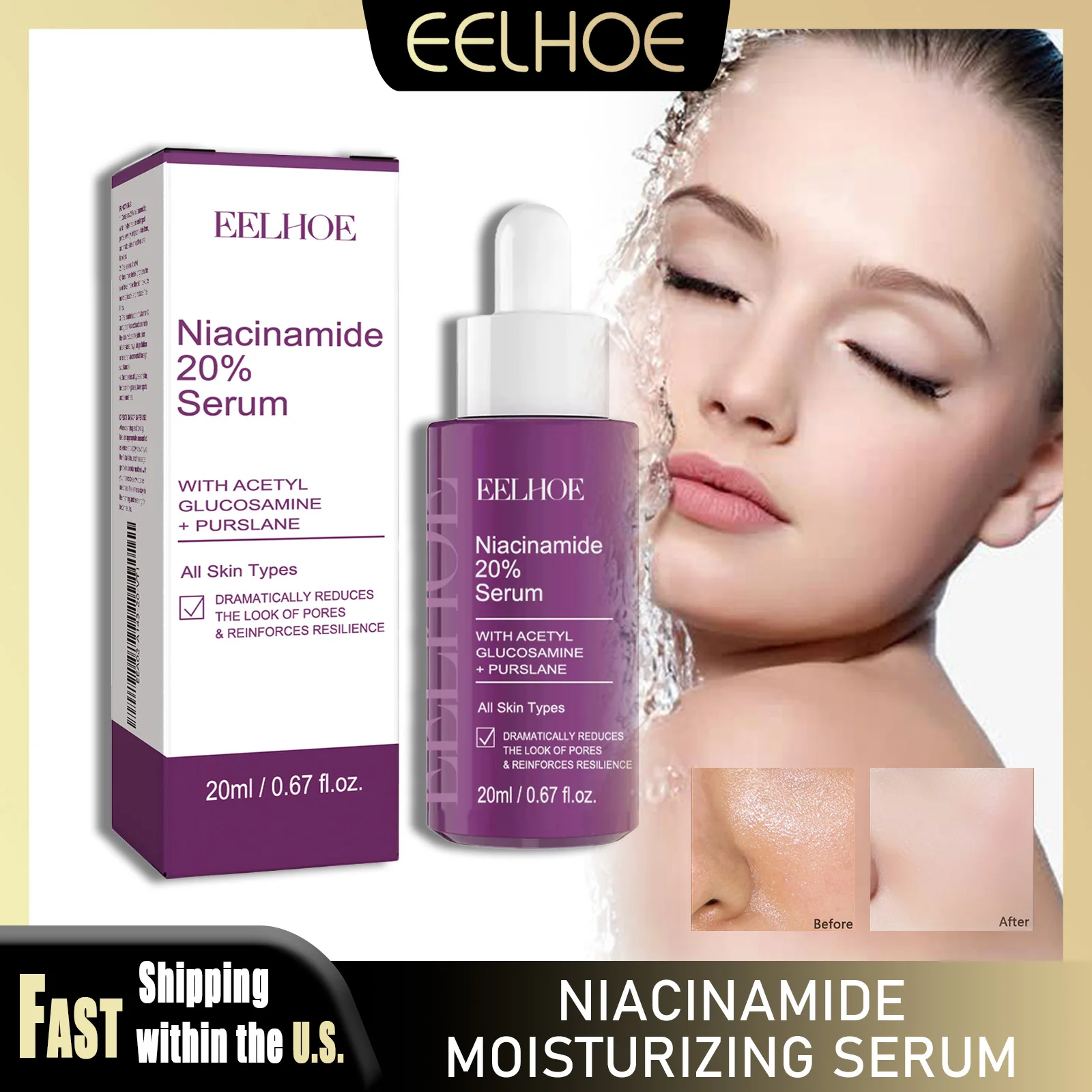 EELHOE 20ml Niacinamide Moisturize Serum Nourishing Shrink Pores Inhibits Melanin Brightning Skin Firm Smooth for All Skin Types