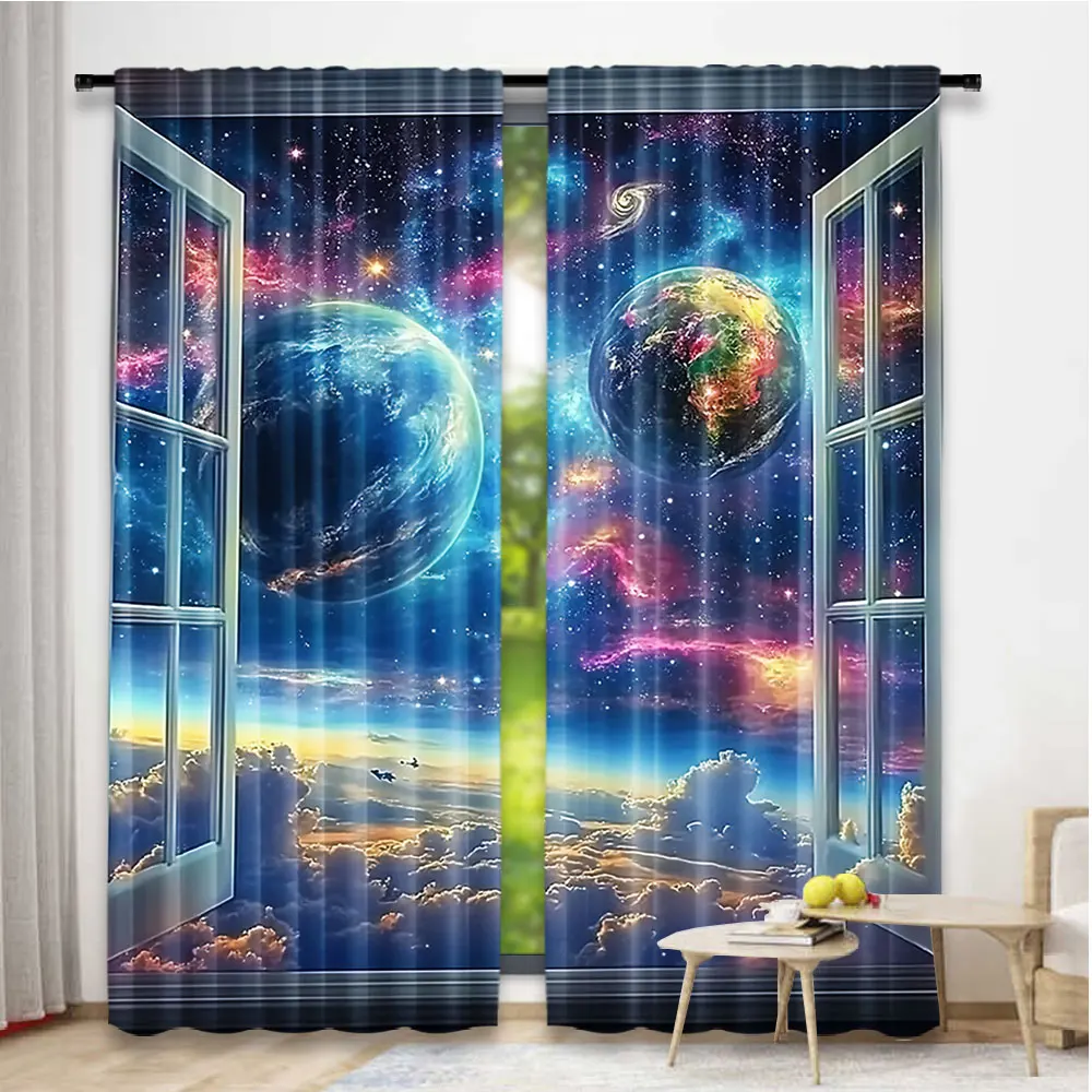 2Pcs Space Galaxy Curtains Universe Nebula Galaxies Solar Planet Suitable For Bedroom Living Room Dining Room And Bathroom 6