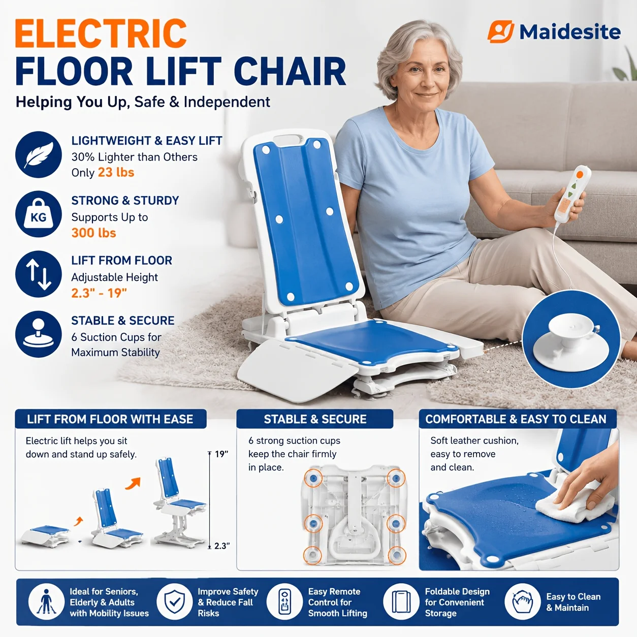 Lightweight Electric Chair Lift, Lift Elderly From Floor, Remote Control Floor Lift, Fall Assist Devices, Item Weight 23 LBS