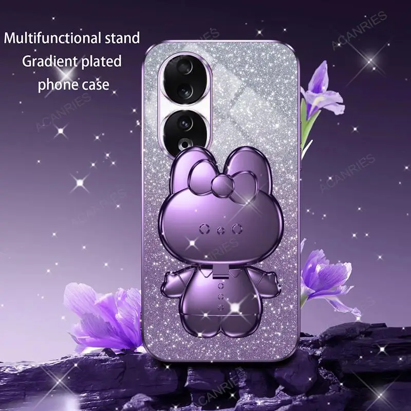 Cute 3D Rabbit Makeup Mirror Stand Plating Soft Phone Case - Protective Back Cover