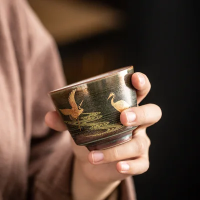 Cranes sample tea cup single glass ceramic kung fu tea set large household kitchen retro hand-painted gold crane cup, maste