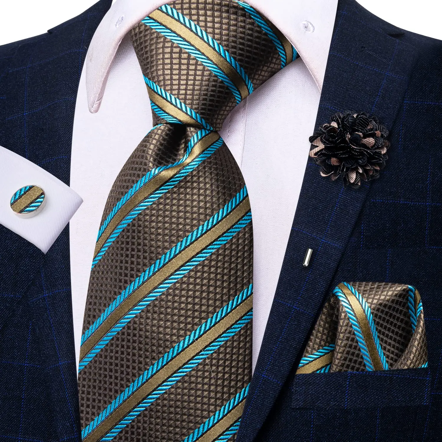 StripedBrownBlueMensNecktieLuxury85cmSilkBusinessTieHanky