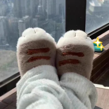 New Adorable Kitty Claw Slippers Women's Home Shoes Non Slip Furry Mules Female Fashion Warm Fluffy Slides Outdoor Cat Slippers 1