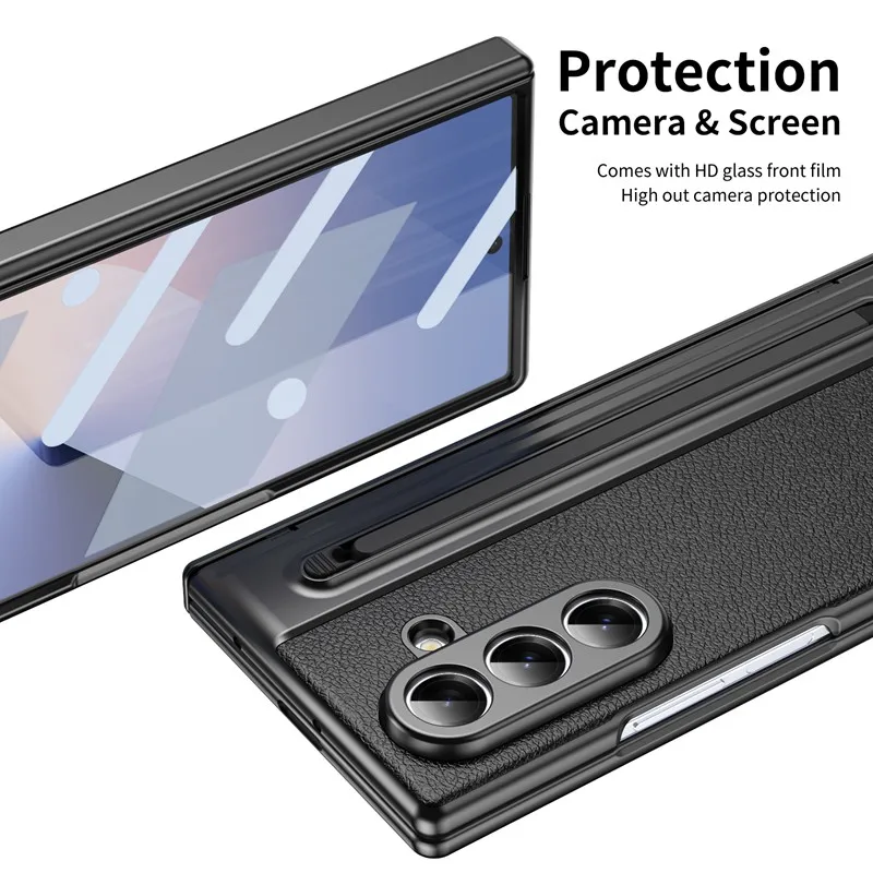 360° Folding Flap Leather Phone Case with Pen Groove and Tempered Glass Film