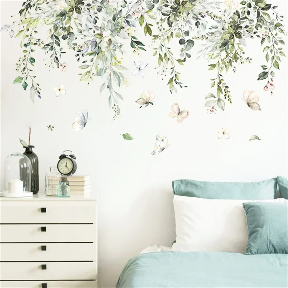 Green Leaf Butterfly Ivy Plant Wall Sticker Kids Room Nursery Art Mural Self-adhesive Bedroom Living Entrance Wall Decal Decor Wall Sticker