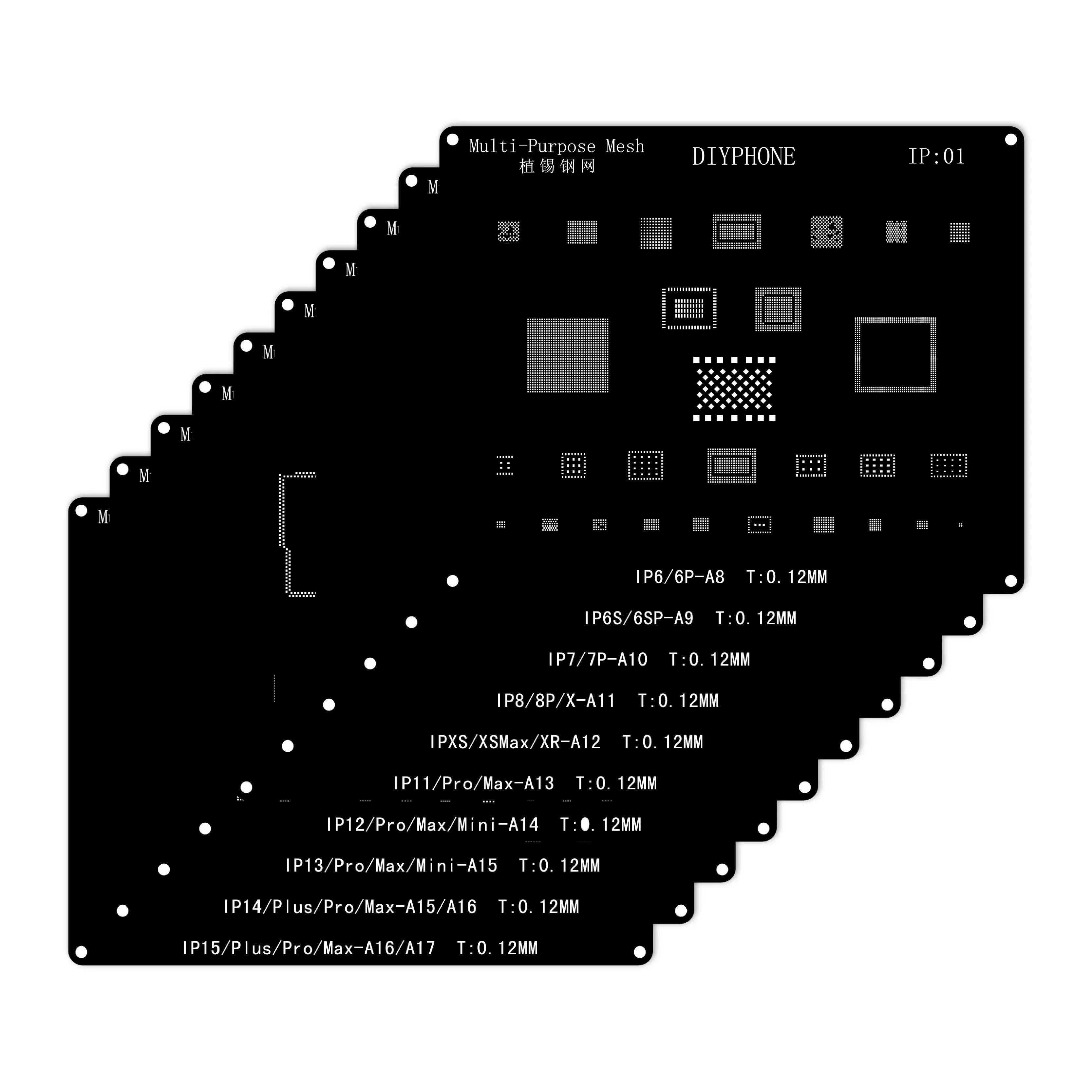

Phonefix Black Steel BGA Reballing Stencil Kit For iPhone 14 13 11 12 Pro MAX XS XR X 8P 8 7P 7 CPU IC Chip Tin Planting Net