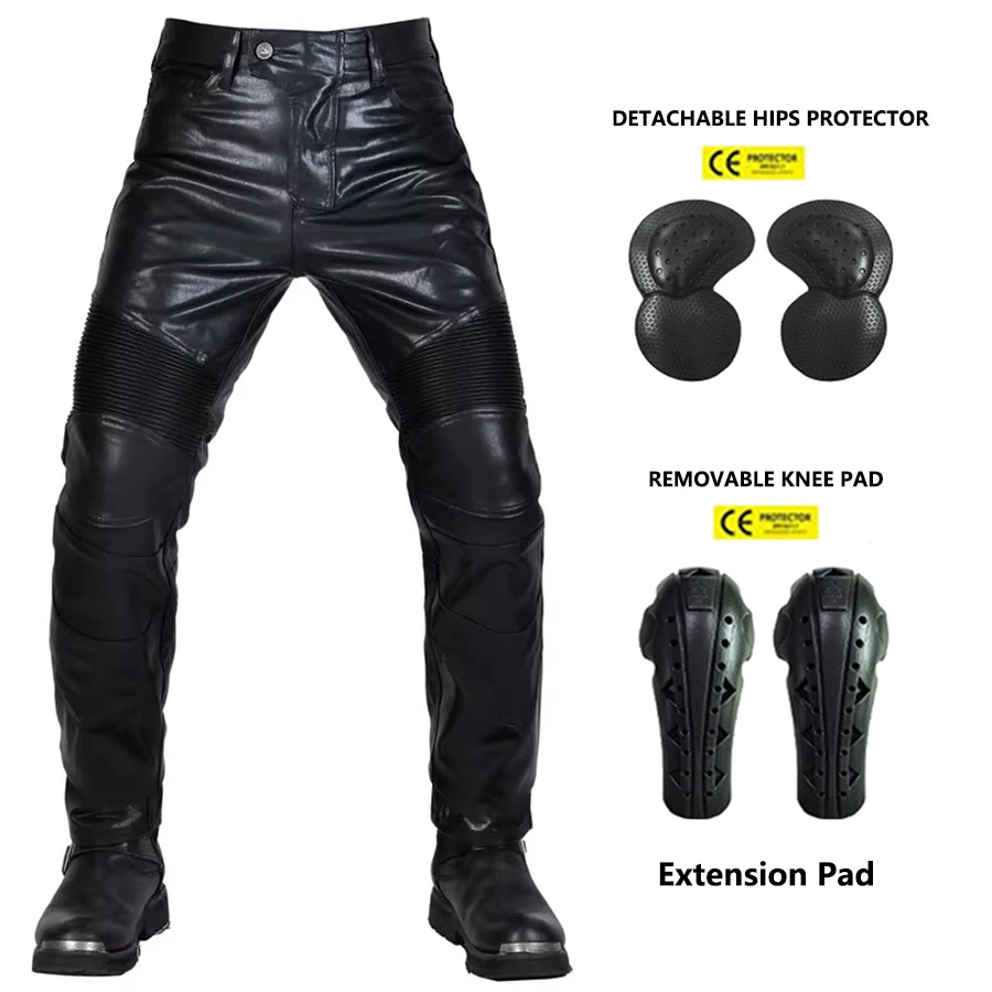 

NEW Motorcycle Riding Jeans Motocross Racing Pants PU Leather Biker Trousers Waterproof Windproof Men With 4X CE Knee Hip Pad