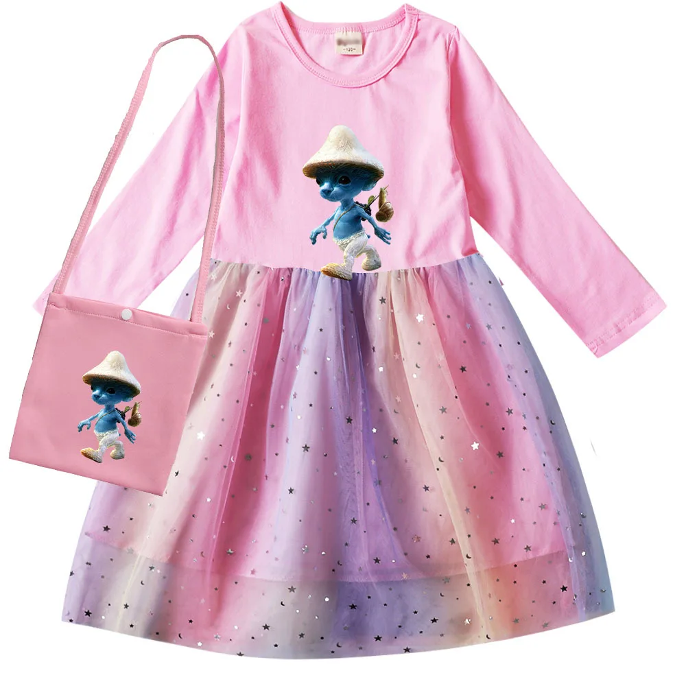 

Шайлушай Shailushai Costumes Kids Smurf Cats Dress with Bag Baby Girls Casual Dresses Children's Birthday Wedding Party Vestidos