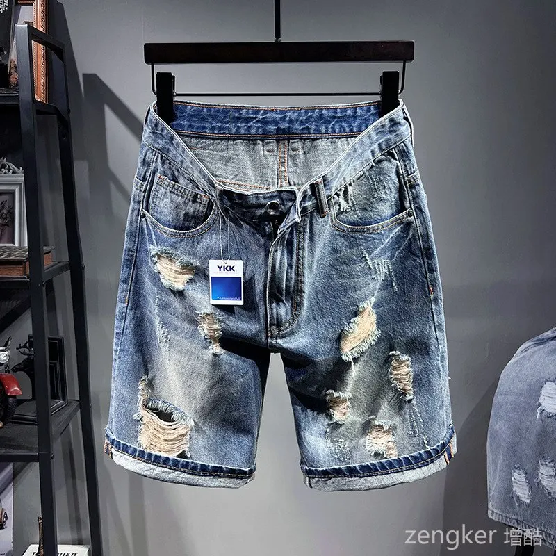 Men tide Man ripped denim shorts brand summer plus size cotton