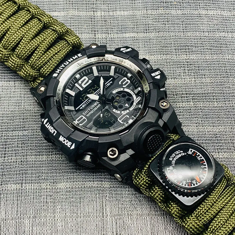 Enhanced Outdoor Survival Waterproof Military Tactical Watch with Paracord Bracelet, Compass, and Thermometer